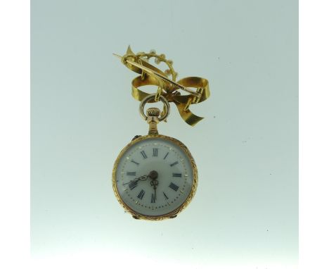 A continental gold Fob Watch and Brooch, the case with white enamel dial and rose cut diamond set 'fleurs de lys' back, the r