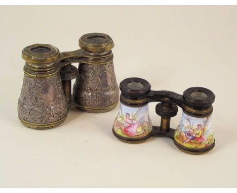 OPERA GLASSES. A pair of hand painted enamel opera glasses (a.f.) &amp; a pair of silver mounted 'Le Jockey Club, Paris' bras