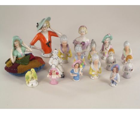 HALF DOLLS.Various half dolls including a pin cushion, a large Art Deco half doll, 11cm, an Art Deco clown, a pair of Budgeri