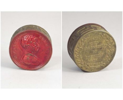 BRASS BOX. A brass commemorative box by May & Padmore, the lid with a red lacquered portrait of Sir Francis Burdett. On the b