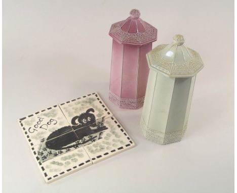 PHILIPPA DE BURLET.A pair of slip cast storage jars & a four tile 'Good Dog' panel by Philippa De Burlet. 