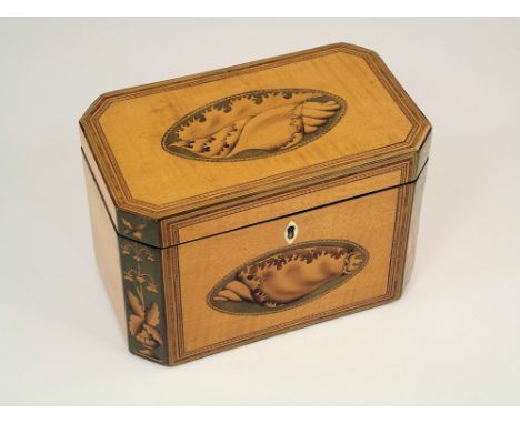 TEA CADDY.A 19th century satinwood tea caddy with cross banding & stringing & inlaid with shell & floral motifs. The interior
