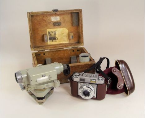 CAMERA ETC. A Zeiss Ikon camera, with Symbolica lens in leather case. Also, a Zeiss Jena Nivellier 'Ni 030' surveying instrum