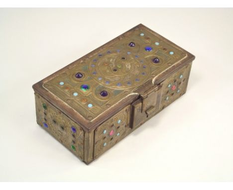 ALFRED DAGUET BOX. An Art Nouveau coffret by Alfred Daguet, Paris. The metal box with applied brass, riveted, repoussé decora