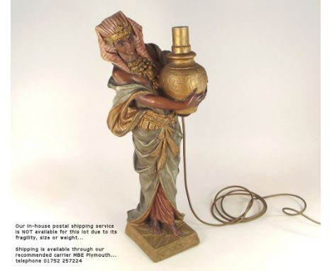 FIGURAL LAMP. A 1930's Egyptian Revival plaster lamp, an Egyptian girl holding an amphora. (Contemporary re-wiring). Height 5