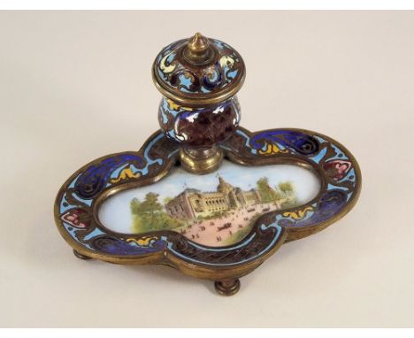 ENAMELLED INKWELL.A French 1900 Paris Exhibition champleve enamel inkwell with hand painted porcelain plaque showing the Peti