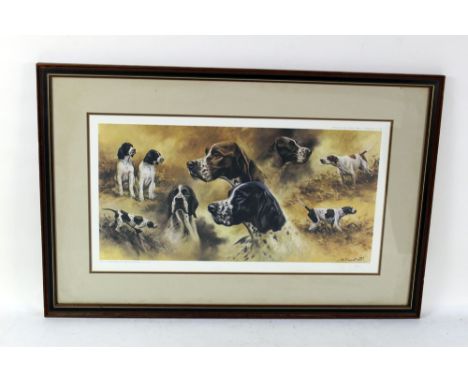 Mick Cawston, a signed limited edition print of Pointers.  No. 662/850 published by Sally Mitchell.  27 x 55 cm, framed and m