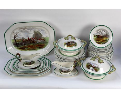 A Copeland Spode Foxhunting dinner service, from the original drawings by J.F. Herring, consisting of 5 ashettes, 2 gravy jug