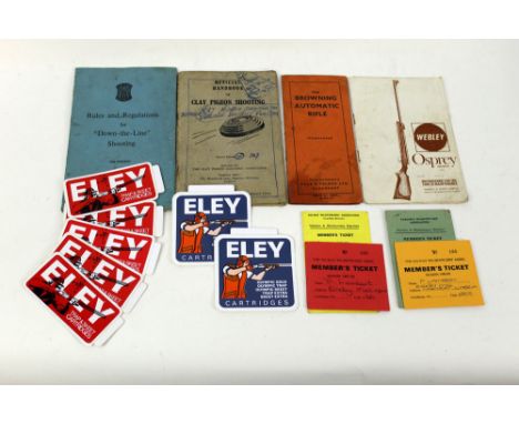 A collection of pamphlets, instructions - "The Browning Automatic Rifle", "Webley Osprey", various vintage Eley stickers, Sol