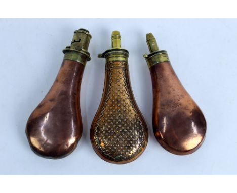 James Dixon &amp; Son Sheffield, a copper bodied powder flask with star motif, also marked to the neck Dixon.  Overall length