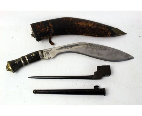 A No 4 Mk II bayonet, marked with S in a box, with sheath, together with a horn handled Kukri knife marked India. THIS BLADED