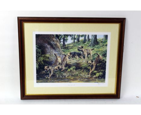 Roger Inman, two signed limited edition prints of Terriers, first "Across The Mill", No. 123/500, 29 x 42 cm, together with "