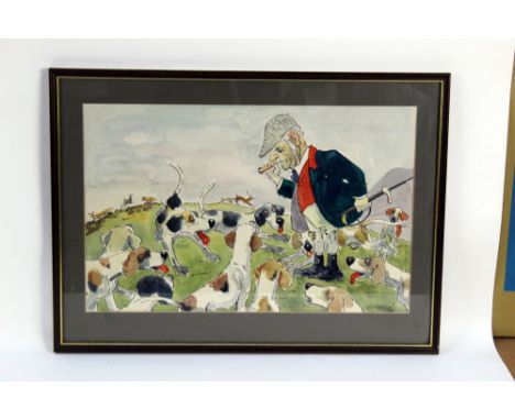 Wilk John William Wilkinson (1906-1994), a watercolour cartoon depicting Anthony Barker of The Windermere Harriers with foxes