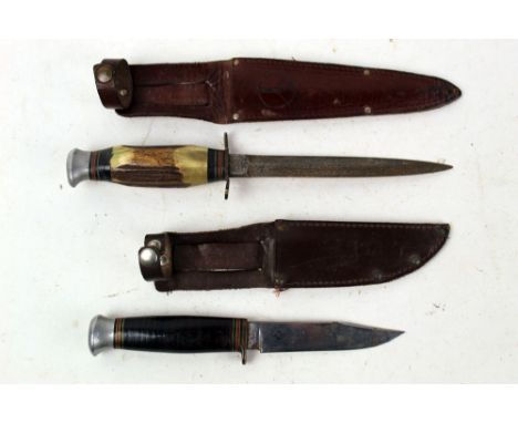 Two fixed blade knives, the first by William Rogers Sheffield, having a 4" blade with leather handles and sheath, together wi