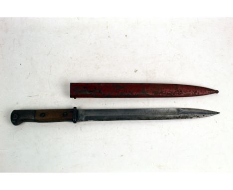 A late 19th/early 20th century bayonet, with 12" blade, marked to the hilt ON and with wooden grips.  The sheath later painte