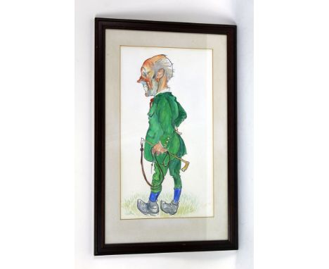 A watercolour cartoon depicting John William Wilkinson "Wilk" 1906-1994, painted by his son Billy Wilkinson.  46 x 26 cm, fra