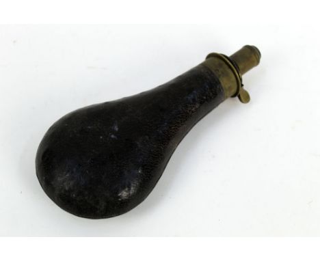 James Dixon &amp; Sons Sheffield, a powder flask with leather covered body, overall length 20 cm.