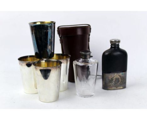 Roberts &amp; Belk a silver plated drinking flask set, comprising a cut glass flask with silver plated top with four plated b