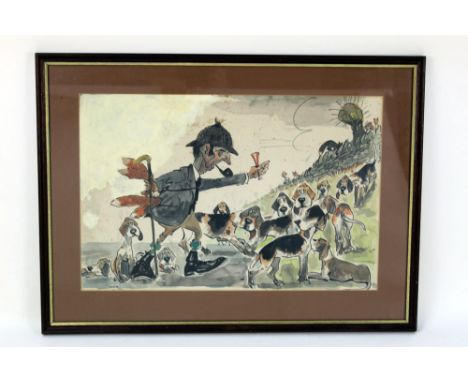 Wilk John William Wilkinson (1906-1994), a watercolour cartoon depicting Jacky Airey and The Blencathra Foxhounds, dated '73.