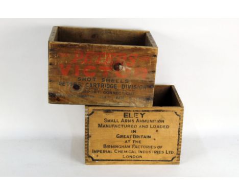 Two wooden shipping advertising crates, marked Eley Small Arms Ammunition.  Height 23 cm,width 35 cm, depth 24 cm and a Peter