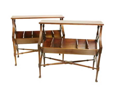 A pair of Bedside Tables, of elongated style, with solid top above a compartmented book trough, on X framed end supports and 