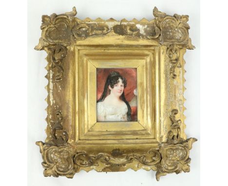 19th Century Irish SchoolHalf length Miniature, "Portrait of a lady wearing a black lace veil and white satin dress," 3 1/4" 