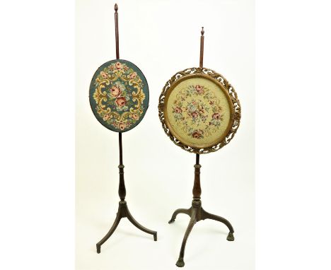 Two - 19th Century mahogany Polescreens, one with oval tapestry panel, the other with a circular panel, both on tripod base. 