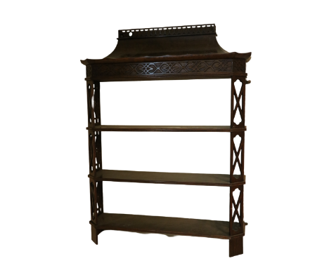 An attractive Chinese Chippendale style mahogany three shelf Wall Bracket, with pagoda style top and fretwork sides, 112cms x