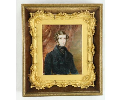 19th Century Irish SchoolHalf length Miniature Portrait of a Young Gentleman wearing a dark blue jacket and black cravat, lig