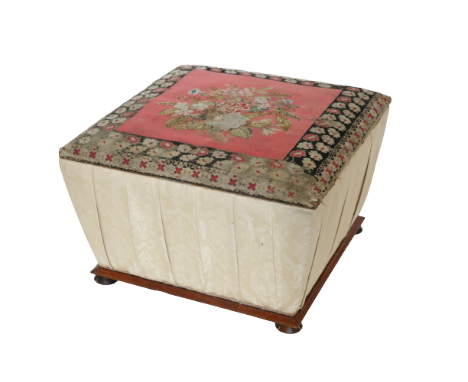 A William IV Irish mahogany framed Ottoman, by Williams &amp; Gibton, stamped and numbered the lift-top with floral tapestry,