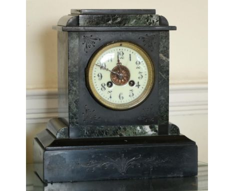 A Victorian&nbsp;slate marble Mantel Clock, with circular enamel dial on plinth base. (1) 