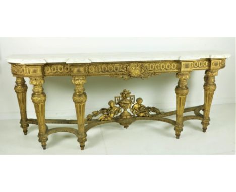 An extremely fine large 19th Century French gilt Console Table, of triple breakfront outline with white veined marble top, ab