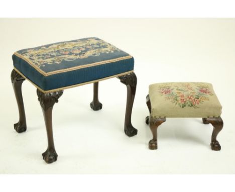 A rectangular Chippendale style mahogany Stool, with tapestry seat on cabriole legs and ball n' claw feet, 22" (56cms); and a