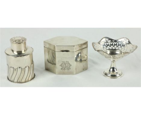 A small&nbsp;cylindrical&nbsp;gadroon moulded silver Tea Caddy, Birmingham 1897, 65 grams, together with another hexagonal di