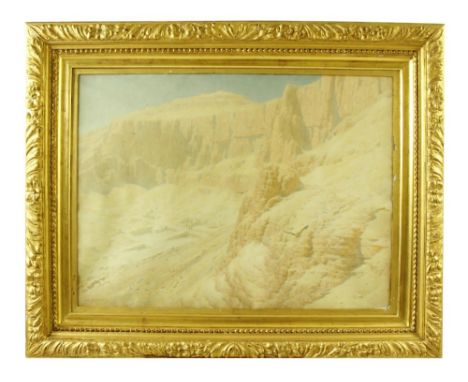 R. Talbot Kelly, R.I. (1861 - 1934)Watercolour: An extensive panoramic " View of Hatshepsut Temple in Luxor' with figures and