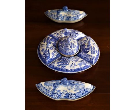 A 19th Century five piece blue and white porcelain Supper Set, probably Spode comprising oval centre dish and cover, and four