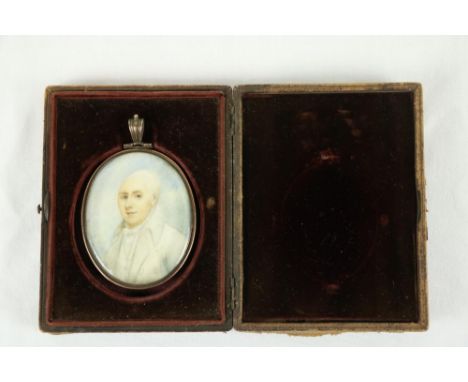 18th Century English SchoolAn oval miniature Portrait of "Man with very pale complexion and white suit," on ivory, in gold fr