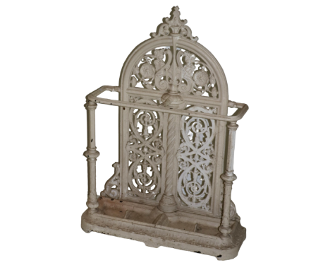 A heavy Victorian cast iron Stick and Umbrella Stand, probably Coalbrookdale, the arch back with three pierced panels in the 