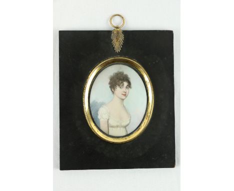 Attributed to Frederick Buck (1771 - 1839)Half length miniature Portrait of a Young Lady wearing a white dress, on ivory, 2 3