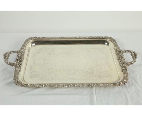 A large attractive two handled silver plated Serving Tray, with etched decoration, embellished with flowers and fruit, approx