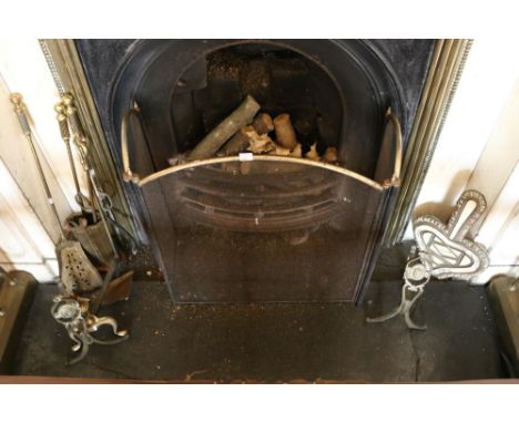 A set of 3 brass Fire Irons, brass frame Triptych, firescreen, pair of brass fire dogs, an Oriental bellows and other items. 
