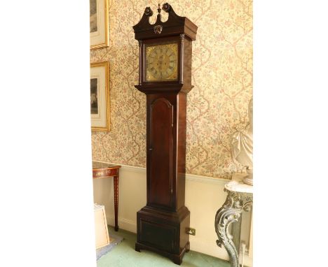 A fine quality&nbsp;Irish Georgian&nbsp;mahogany&nbsp;cased Grandfather Clock, the swan neck pediment with rosettes surmounte