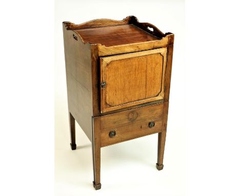 A George III tray top mahogany&nbsp;Bedside Commode, with shaped gallery and cupboard door and two mock drawers below, raised