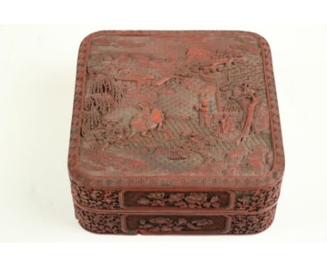 An important and early rare carved Chinese cinnabar lacquer Box and Cover, (late Qing Dynasty 1644 - 1912), the upper surface