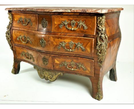 An important signed Louis XV kingwood bombe shaped Commode, by Jean Francois Lapie, applied with ornate gilt metal mounts, th