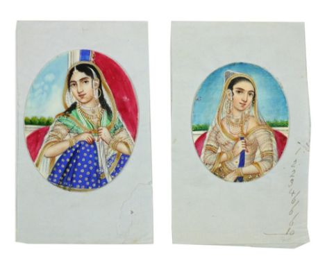 19th Century Indian School&nbsp;Miniatures: "The Favourite Wives of the Late Visey of Delhi," a pair of oval miniatures, appr