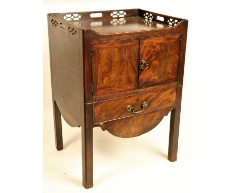 A George III period mahogany tray top Bedside Cupboard, with three-quarter chinoiserie pierced gallery above two cupboard doo