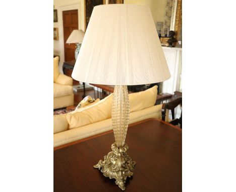 An attractive shaped, reeded and bubble glass Table Lamp &amp; Shade, on a heavy triform brass base, 84cms (33") high overall