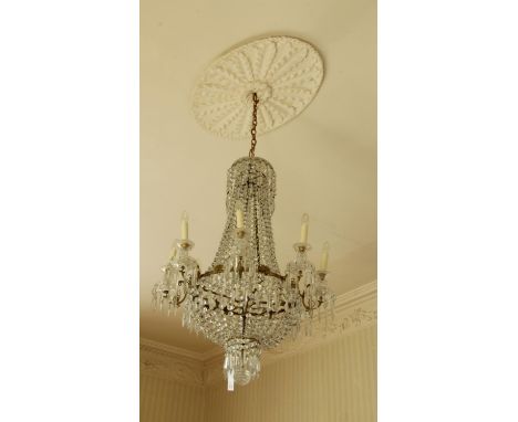 A fine Regency&nbsp;gilt bronze&nbsp;Chandelier, the inverted cutglass&nbsp;bowl corona issuing festoons of glass buttons to 