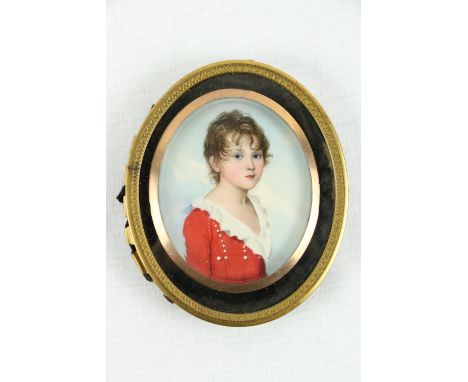 Frederick Buck (1771 - 1839)Miniature oval "Portrait of a Young boy with red top and lace collar," on ivory, 2 1/2" (6.5cms).